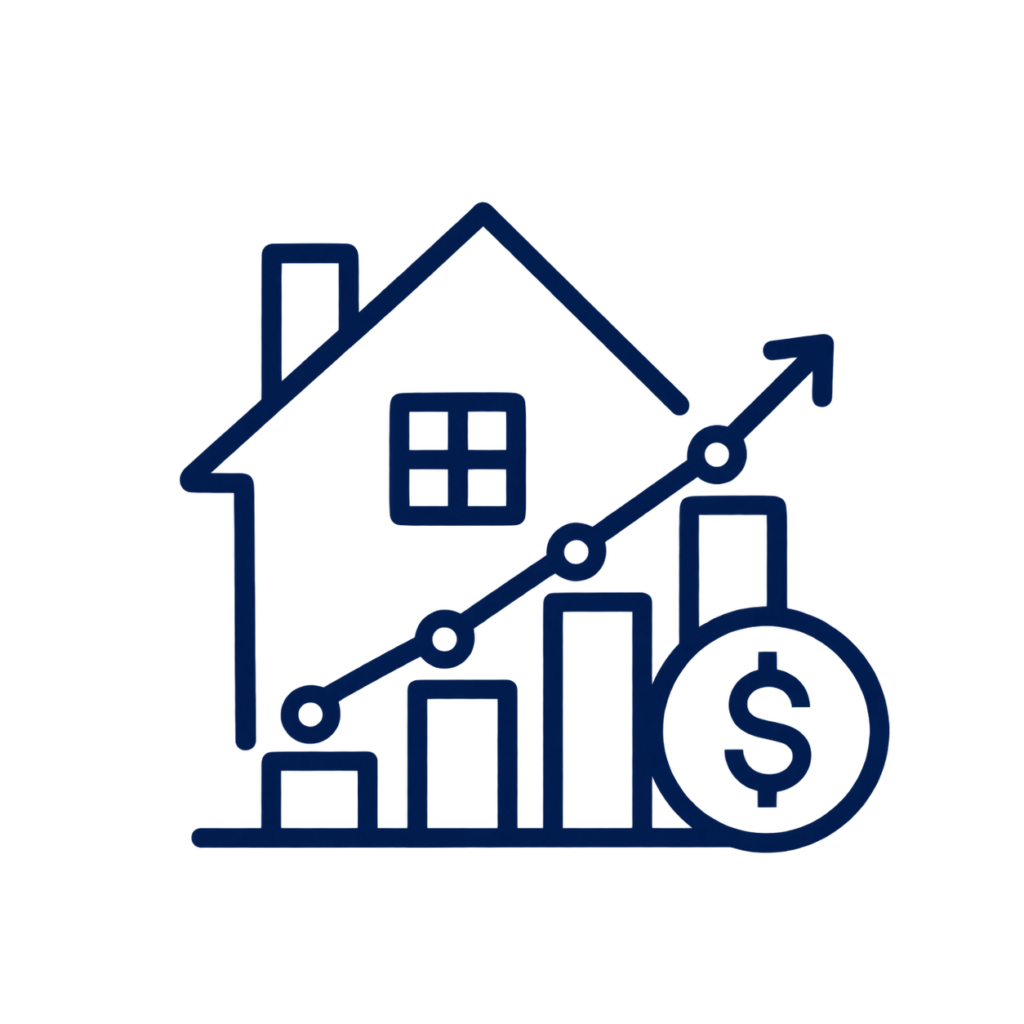 House with rising bar chart and dollar coin representing property economics